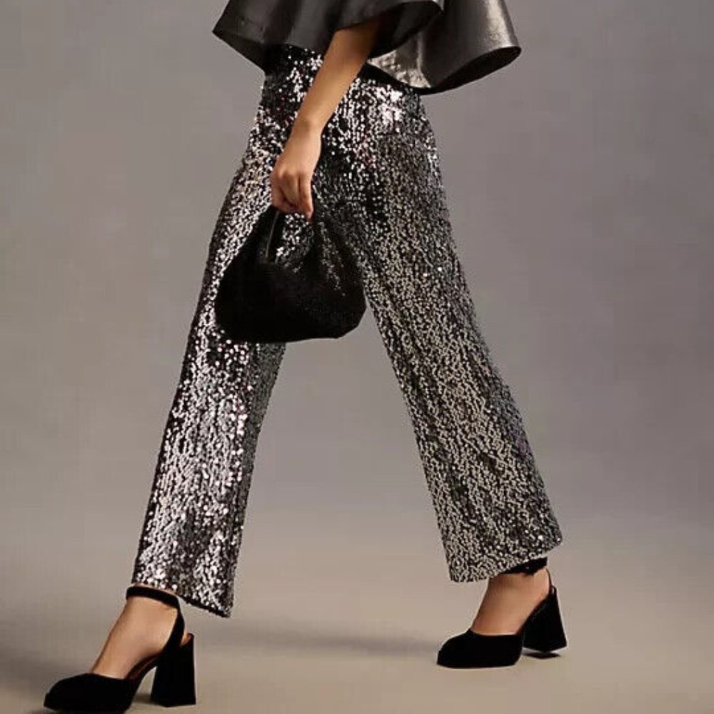Anthropologie Silver Sequin Wide-Leg Pants - Picture 9 of 9